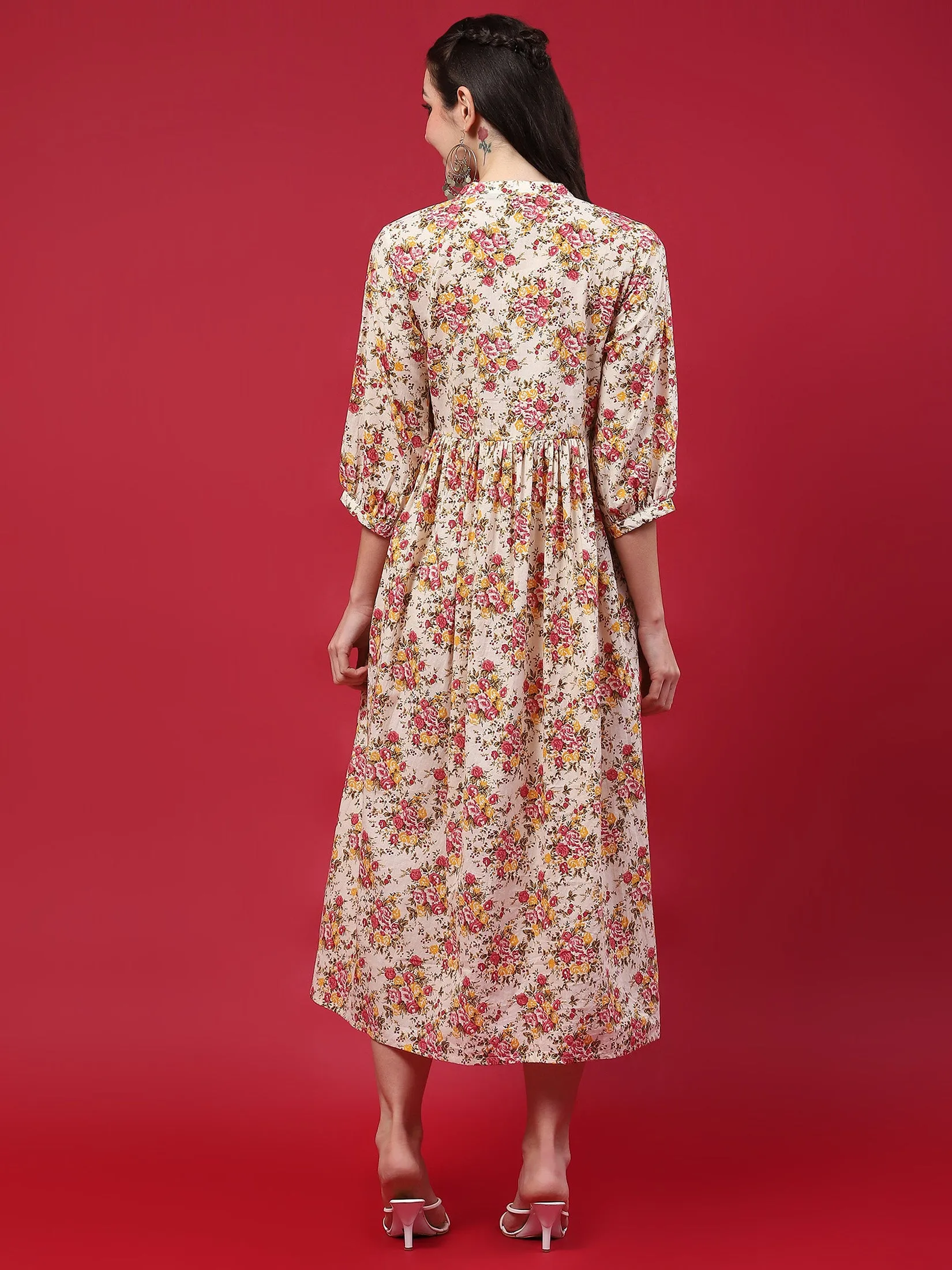 Women Beige Floral Printed Dress