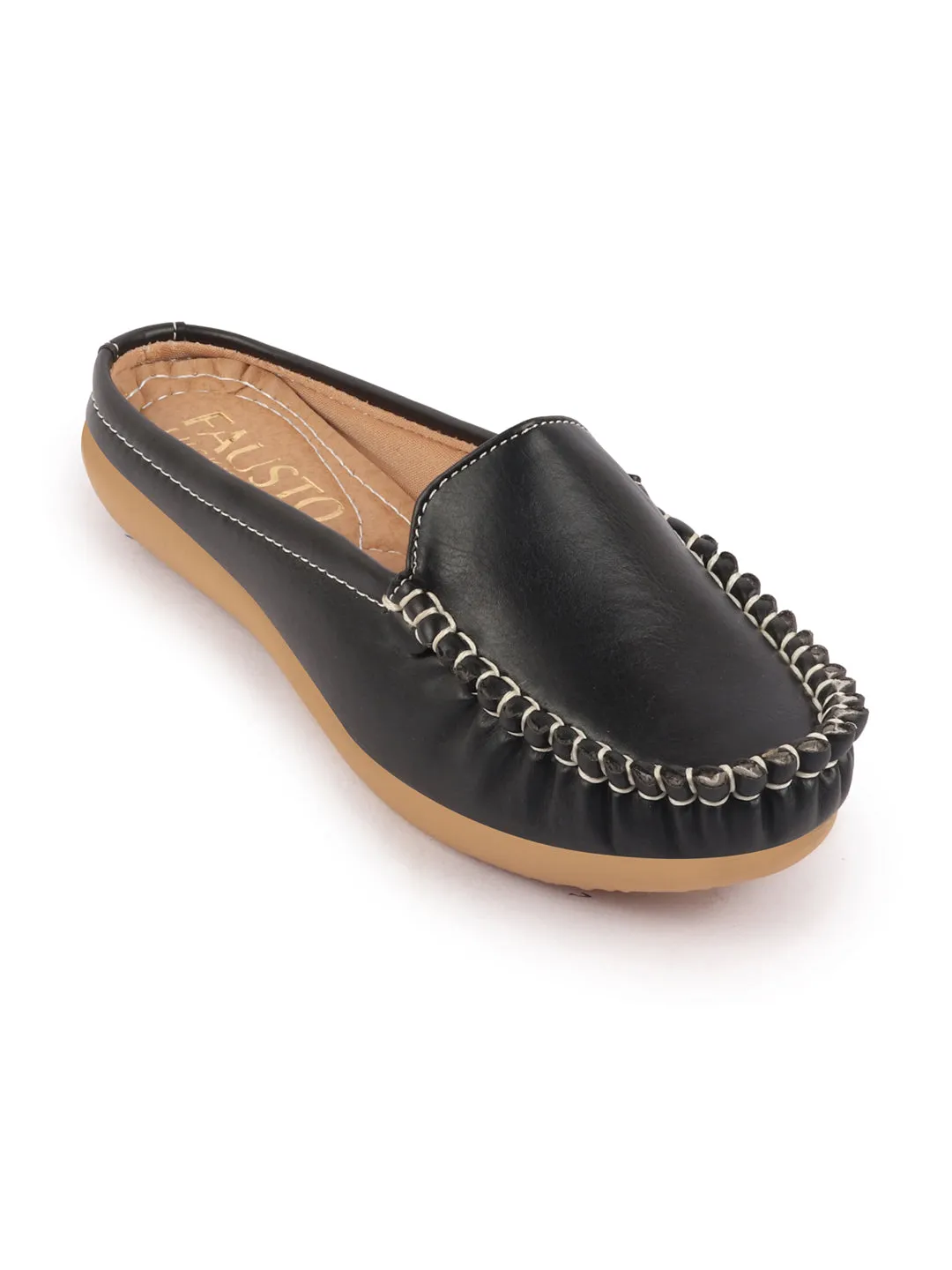 Women Black Side Stitched Back Open Slip On Mules Shoes