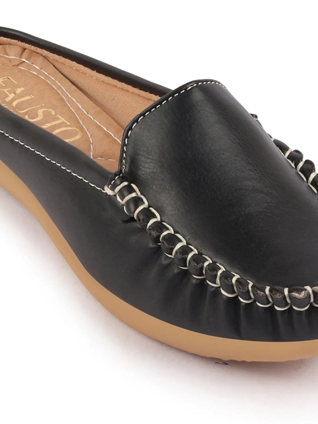 Women Black Side Stitched Back Open Slip On Mules Shoes