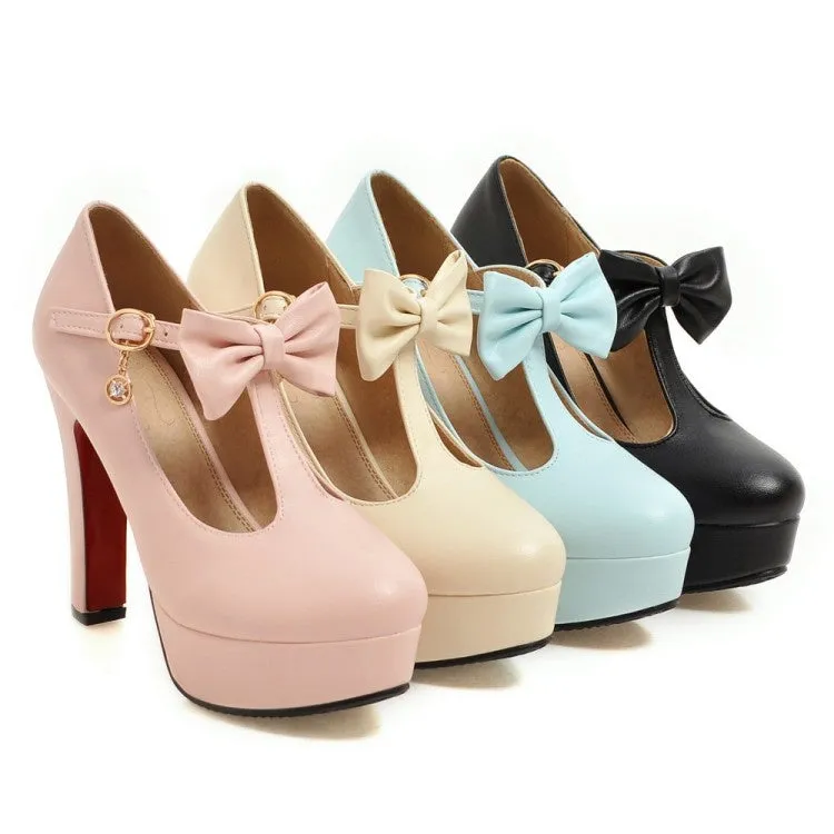 Women's T Strap Bowtie Platform Pumps High Heels Shoes