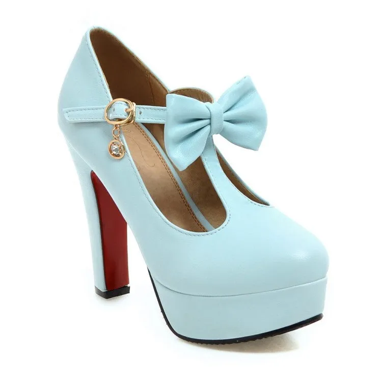 Women's T Strap Bowtie Platform Pumps High Heels Shoes