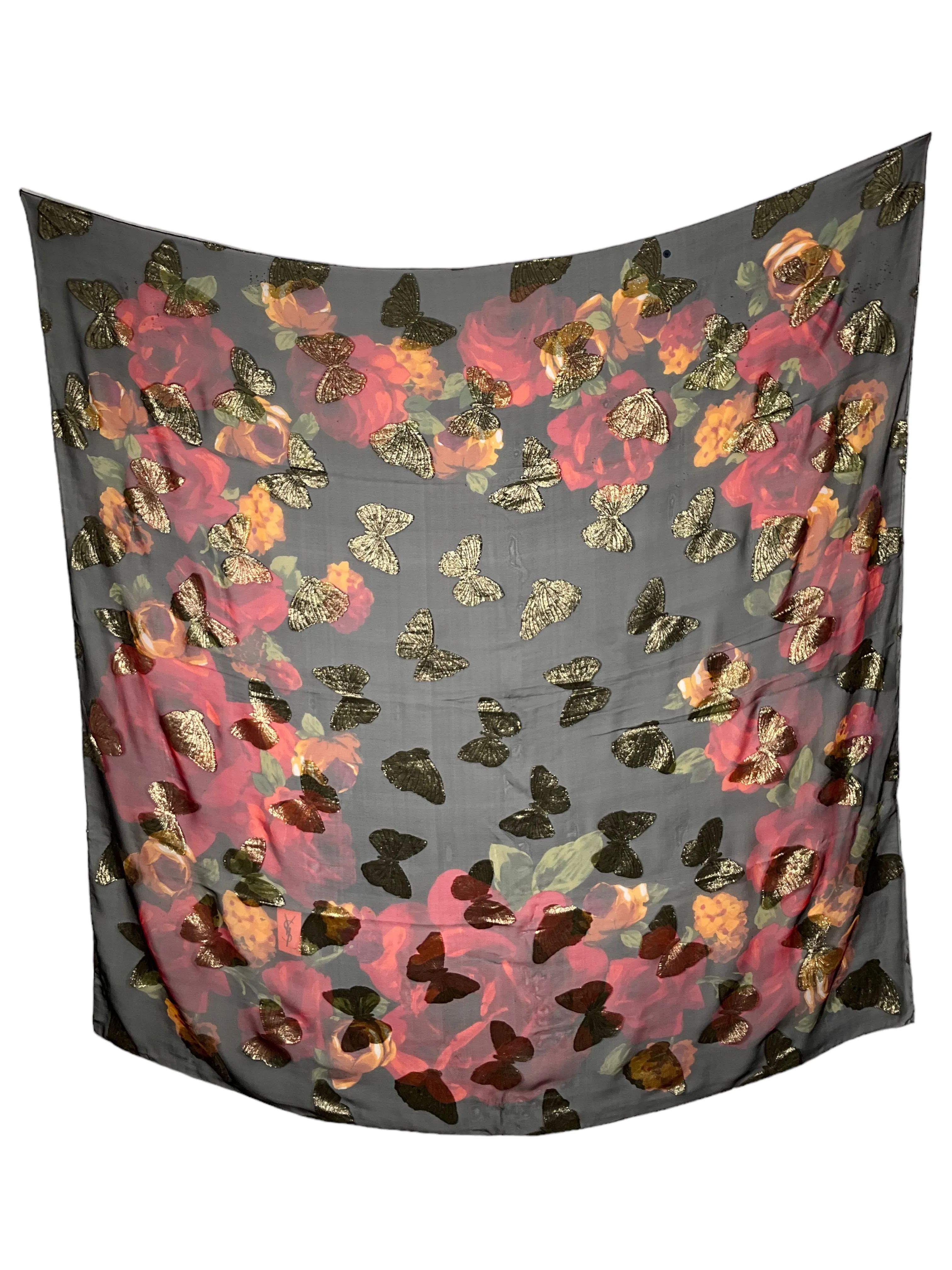 Yves Saint Laurent Vintage Chiffon Scarf With Gold Lame Butterflys